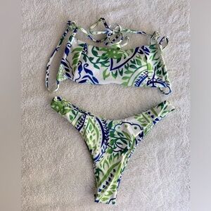 Multicolor floral bandeau green and white cheeky two piece swimsuit